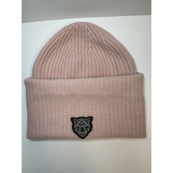 LITA By Ciara Recycled Cashmere Beanie In Pink With Black Cheetah Logo New main image 5